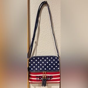 Trump American flag Crossbody bag. 9.5” H X 10.25” X 0.5” D.